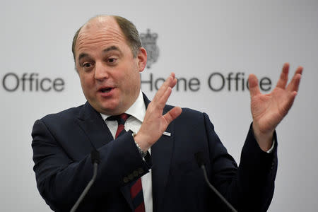 FILE PHOTO: Britain's Security Minister, Ben Wallace, speaks at the International Security Expo, in London, Britain November 29, 2018. REUTERS/Toby Melville/File Photo