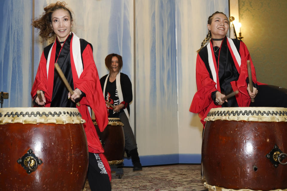 COBU, a drum company that draws from Japanese tradition, performs after a news conference in New York, Wednesday, April 27, 2022. Performers and Japanese officials were promoting the first ever Japan Parade, celebrating Japanese culture and tradition, which will take place in New York on Saturday, May 14, 2022. (AP Photo/Seth Wenig)
