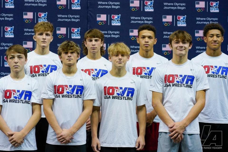 Team Iowa took fifth at the 16U Greco-Roman national championships this week in Fargo, North Dakota. Eight Iowa wrestlers earned All-American honors. Front row, from left: Ryker Graff, Connor Fiser, Maximus Riggins, Nolan Fellers. Back row, from left: Kane Naaktgeboren, Tucker Stangel, Damarion Ross, Mike Slade.