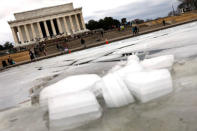 Lincoln Memorial is seen with an icy reflecting pool in Washington, U.S., on the second day of Government shutdown, January 21, 2018. REUTERS/Yuri Gripas