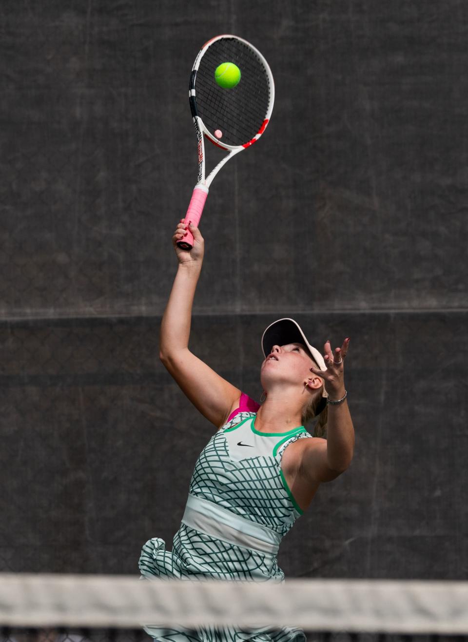 Green Canyon’s Kate Reeder competes in the second doubles semifinals against Provo during the 2023 4A Girls Tennis Championships at Liberty Park Tennis Courts in Salt Lake City on Saturday, Sept. 30, 2023. | Megan Nielsen, Deseret News