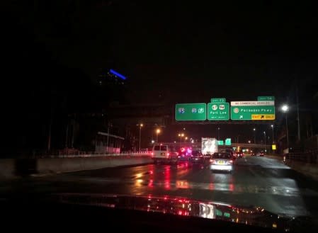 Traffic seen after the George Washington Bridge in New York, U.S. was closed due to a bomb threat according to the Mayor, in this still frame taken from social media video