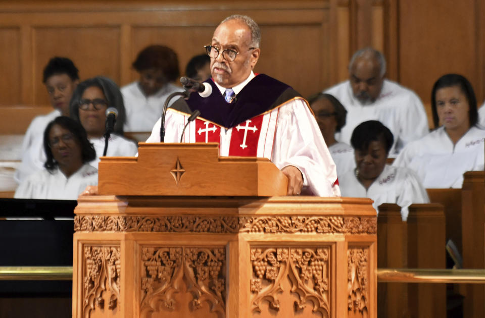 Rev. Charles G. Adams gives the sermon at Hartford Memorial Baptist Church in Detroit on July 2, 2017. Rev. Adams has died following an illness. He was 86. Adams died Wednesday, Nov. 29, 2023 following a bout with pneumonia, his sister, Edith Clifton, told The Detroit News for a story Thursday. (Robin Buckson/Detroit News via AP)