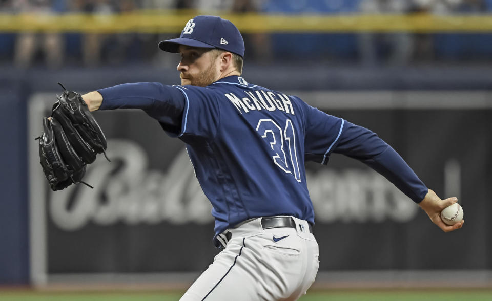 Tampa Bay Rays starter Collin McHugh ptiches against the Cleveland Indians during the first inning in the second baseball game of a doubleheader Wednesday, July 7, 2021, in St. Petersburg, Fla.(AP Photo/Steve Nesius)