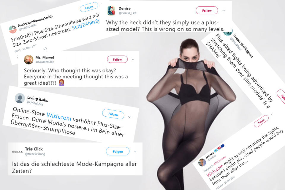 <p>In der Marketing-Kampagne für Plus-Size-Strumpfhosen zeigt die Online-Shopping-App schlanke Frauen, die sich das Kleidungsstück über den kompletten Körper ziehen. Das Netz strafte die geschmacklose Anzeige mit einem heftigen Shitstorm ab. </p>