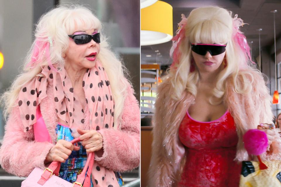 LOS ANGELES, CA - MARCH 08: Angelyne is seen on March 08, 2018 in Los Angeles, California. (Photo by JB Lacroix/GC Images); ANGELYNE -- "Gods and Fairies" Episode 102 -- Pictured: Emmy Rossum as Angelyne -- (Photo by: Peacock)