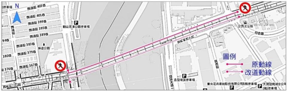 民權大橋（松山區及內湖區）北側人行樓梯施工封閉改道動線說明。（北市新工處提供）