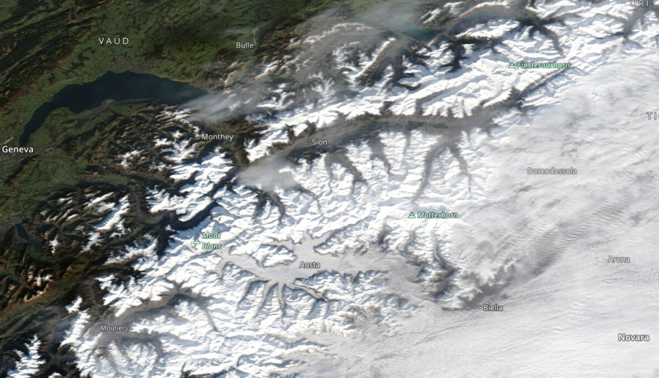 A satellite image of the Alps in 2023