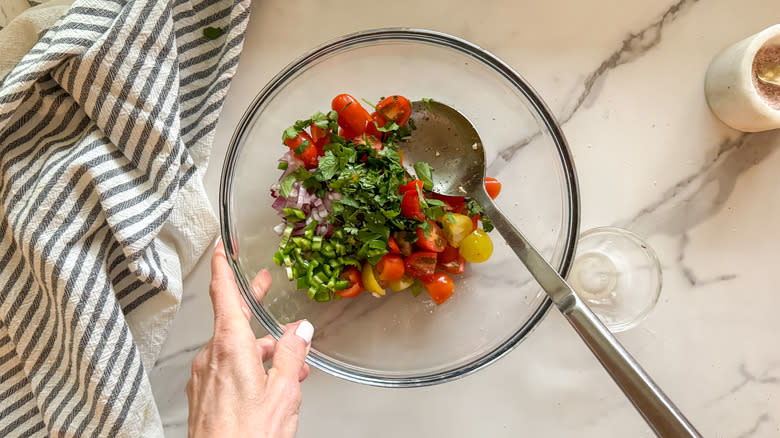 tomato mixture in glass bowl