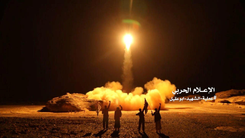 A photo distributed by the Houthi Military Media Unit shows the launch by Houthi forces of a ballistic missile aimed at Saudi Arabia, March 25, 2018. (Photo: Houthi Military Media Unit/Handout via Reuters)