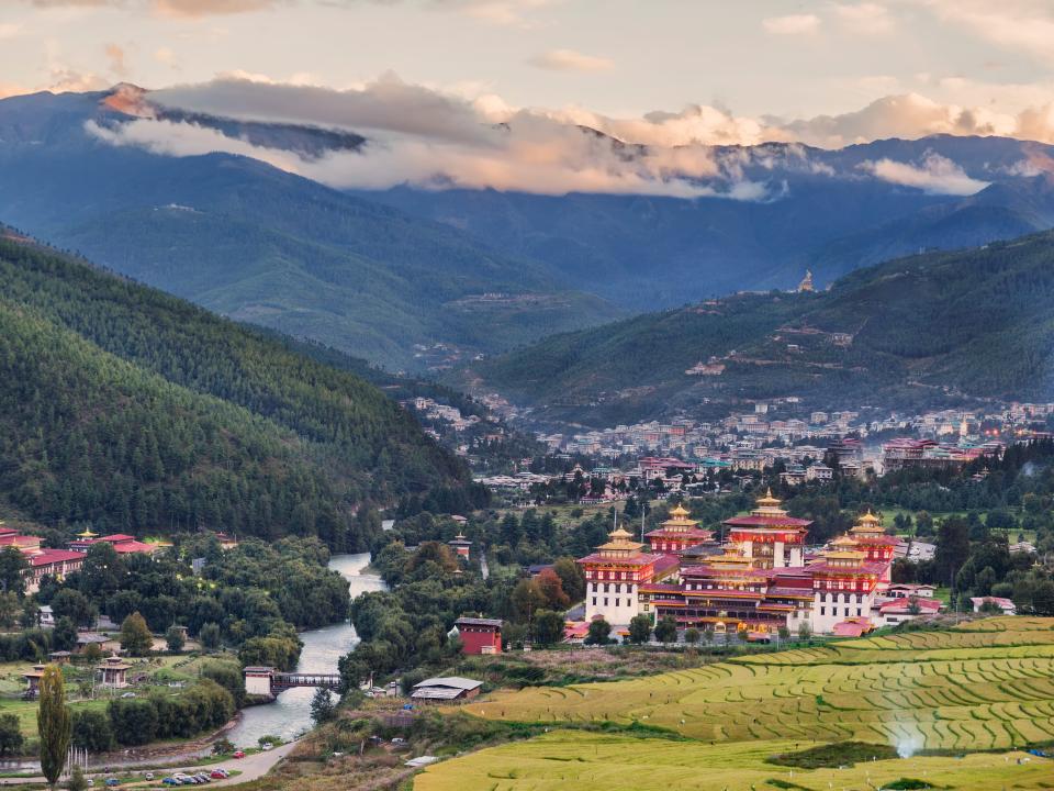 The town of Thimphu, Bhutan and the Tashichho Dzong.
