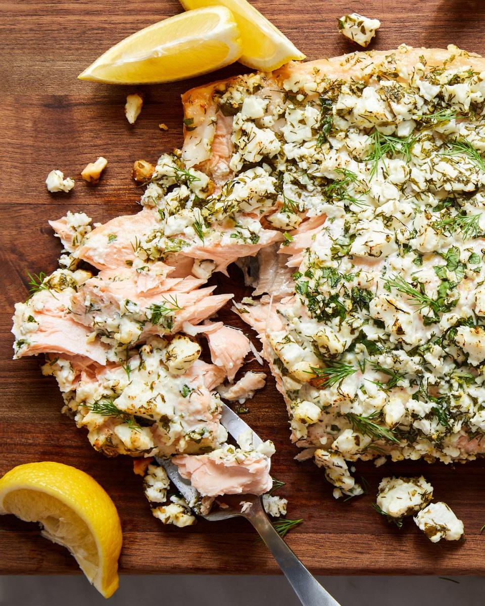 feta and herb crusted salmon with lemons