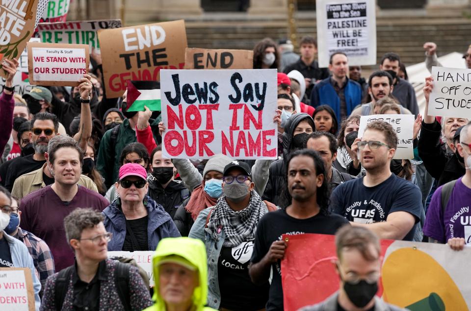 Demonstrators protest the Israel-Hamas war Monday, April 29, 2024 at the University of Wisconsin-Madison in Madison, Wisc.