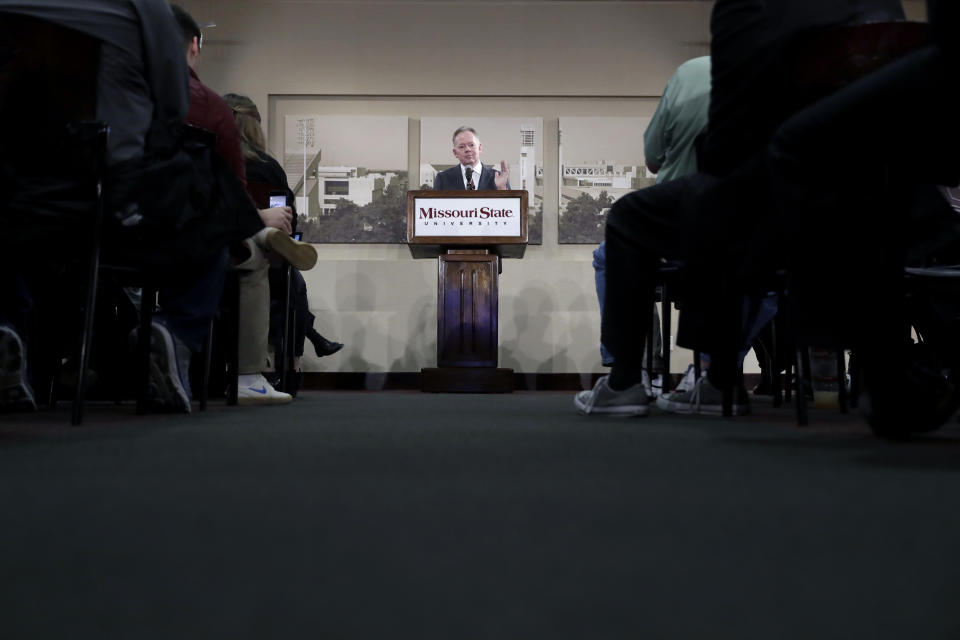 Bobby Petrino speaks after being introduced as the new NCAA college football head coach at Missouri State during a news conference Thursday, Jan. 16, 2020, in Springfield, Mo. Petrino has a 119-56 record in 14 seasons at Arkansas, Western Kentucky and Louisville and replaces Dave Steckel who was fired after winning just 13 games in five seasons. (AP Photo/Jeff Roberson)