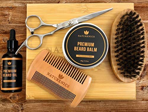 6) Naturenics Premium Beard Grooming Kit for Men - 100% Organic Unscented Beard Oil, Beard Balm Butter Wax, Beard Brush, Beard Comb, Beard Scissors for Beard & Mustache-with Bamboo Box & eBook