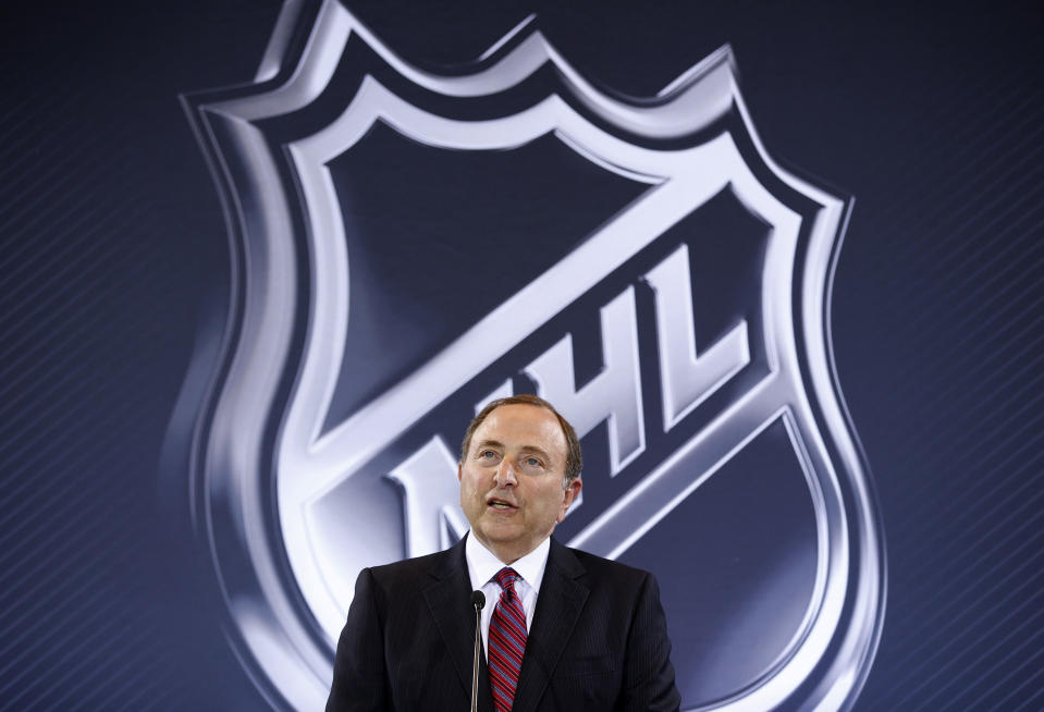 FILE - In this June 22, 2016, file photo, NHL Commissioner Gary Bettman speaks during a news conference in Las Vegas. The NHL is eyeing opportunities to crack the biggest market in the world: China. With the 2022 Olympics in Beijing following 2018 in Pyeongchang, the NHL and NHLPA see the country of a billion people as hockey's next frontier. (AP Photo/John Locher, File)