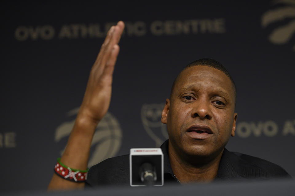 Toronto Raptors president Masai Ujuri speaks about the firing of head coach Nick Nurse during a news conference in Toronto, Friday, April 21, 2023. (Christopher Katsarov/The Canadian Press via AP)