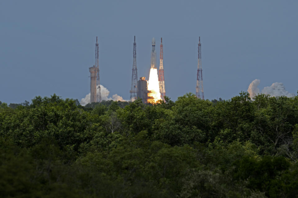 Indian spacecraft Chandrayaan-3, the word for "moon craft" in Sanskrit, blasts off from the Satish Dhawan Space Centre in Sriharikota, India, Friday, July 14, 2023. The Indian spacecraft blazed its way to the far side of the moon Friday in a follow-up mission to its failed effort nearly four years ago to land a rover softly on the lunar surface, the country's space agency said. A successful landing would make India the fourth country, after the United States, the Soviet Union, and China, to achieve the feat. (AP Photo/Aijaz Rahi)