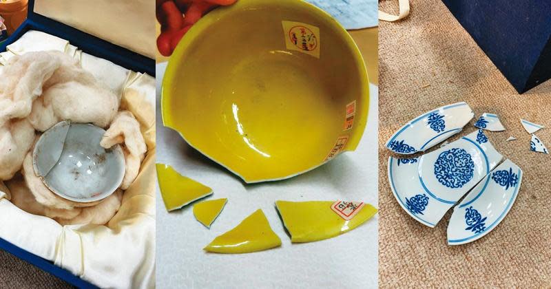 故宮去年10月被爆出摔壞3件國寶，左起為暗龍白裏小黃瓷碗、嬌黃綠彩雙龍小碗及青花花卉盤。（故宮博物院提供）