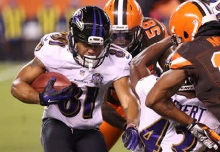 Baltimore Ravens wide receiver Kaelin Clay (81) carries the ball on a kick return in the first half against the Cleveland Browns at FirstEnergy Stadium. The Ravens won 33-27. Mandatory Credit: Aaron Doster-USA TODAY Sports