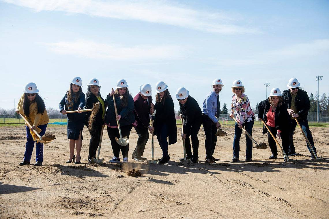 Delhi Unified School District Superintendent Jose Miguel Kubes is joined by district officials, educators and dignitaries, to break ground on the Delhi Unified School District’s Career Technical Education building on the campus of Delhi High School in Delhi, Calif., on Tuesday, Feb. 21, 2023.