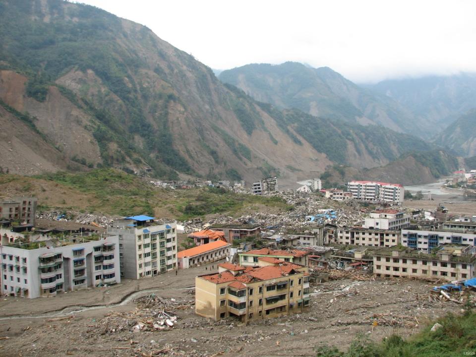 A May 2008 earthquake in China's Sichuan Province triggered landslides and destroyed buildings.  / Credit: David J Wald/USGS