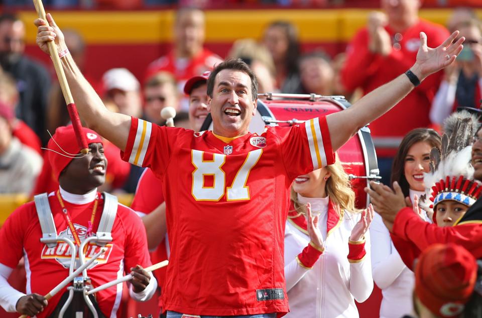 Comedian Rob Riggle rallies the crowd before the game between the Kansas City Chiefs and the Buffalo Bills at Arrowhead Stadium.