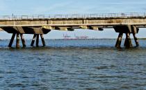 Aerial view of a pier for a planned floating LNG terminal in the harbour, in Wilhelmshaven