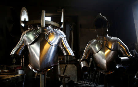 Suits of armour for the Vatican's Swiss Guards are pictured at a workshop in Molln, Austria, March 29, 2017. Picture taken March 29, 2017. REUTERS/Leonhard Foeger