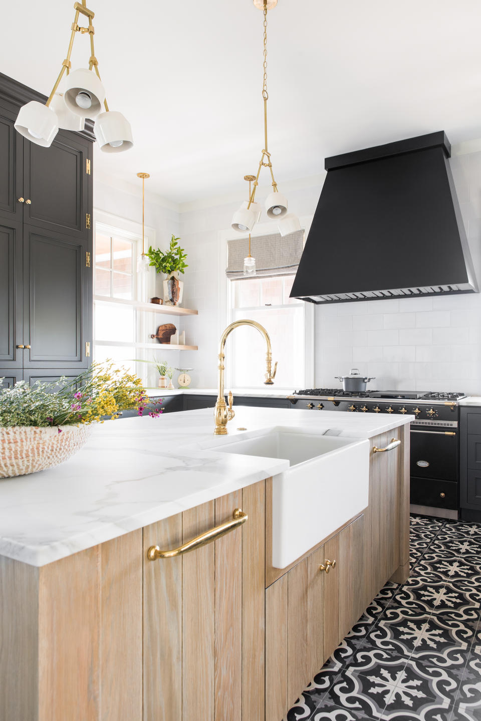 wooden country kitchen island with marble worktop nad integrated butler's sink