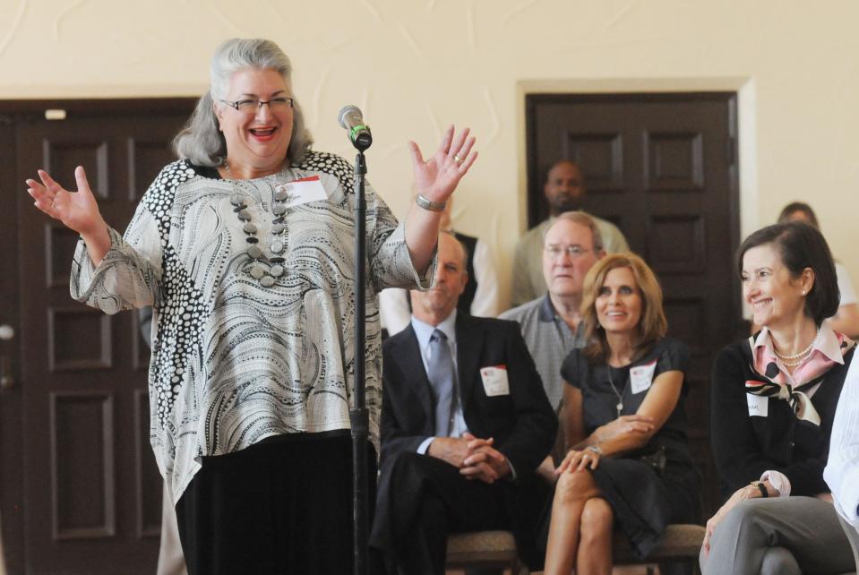 SRAC Executive Director Pam Atchison talks during the Tourism town hall meeting with Lt. Gov. Jay Dardenne Tuesday afternoon at the Shreveport Municipal Auditorium.