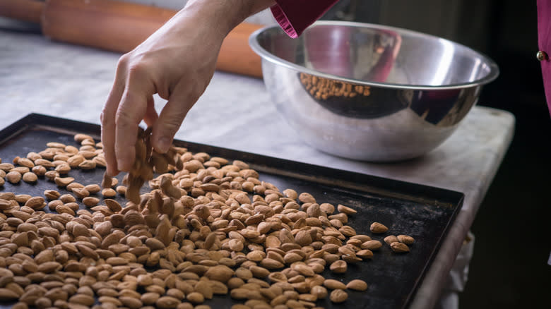Nuts on tray for roasting