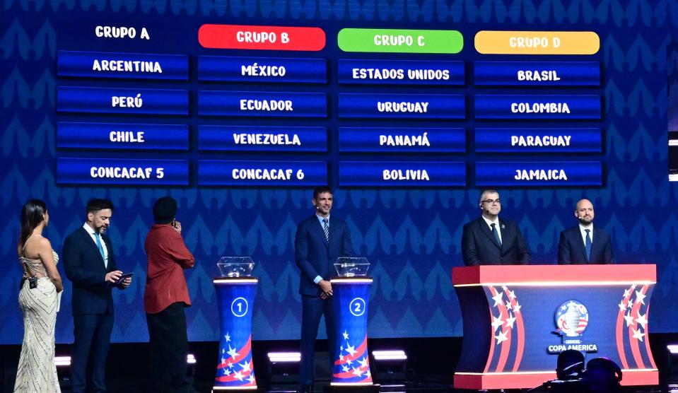 Groups are displayed on screens after the final draw for the Conmebol Copa America 2024 football competition at the James L. Knight Centre in Miami, Florida, on December 7.