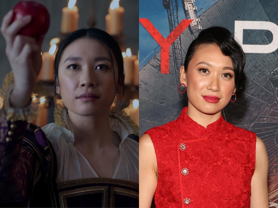 left: jin cheng in 3 body problem, holding up an owl and wearing an old english dress, with a candelabra in the background; right: jess hong at the 3 body premiere, wearing a high collared red dress with her hair in a swept over updo