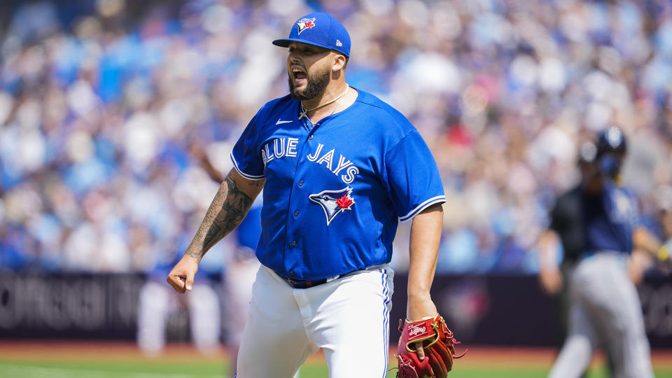 Blue Jays pitcher Alek Manoah looked more like his former self during Sunday's game in Double-A. (Photo by Mark Blinch/Getty Images)