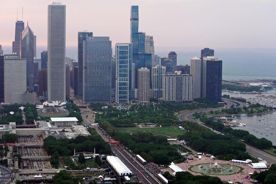 An aerial view of Grant Park as drivers race on the streets of Chicago during the 2023 NASCAR Cup Series race.