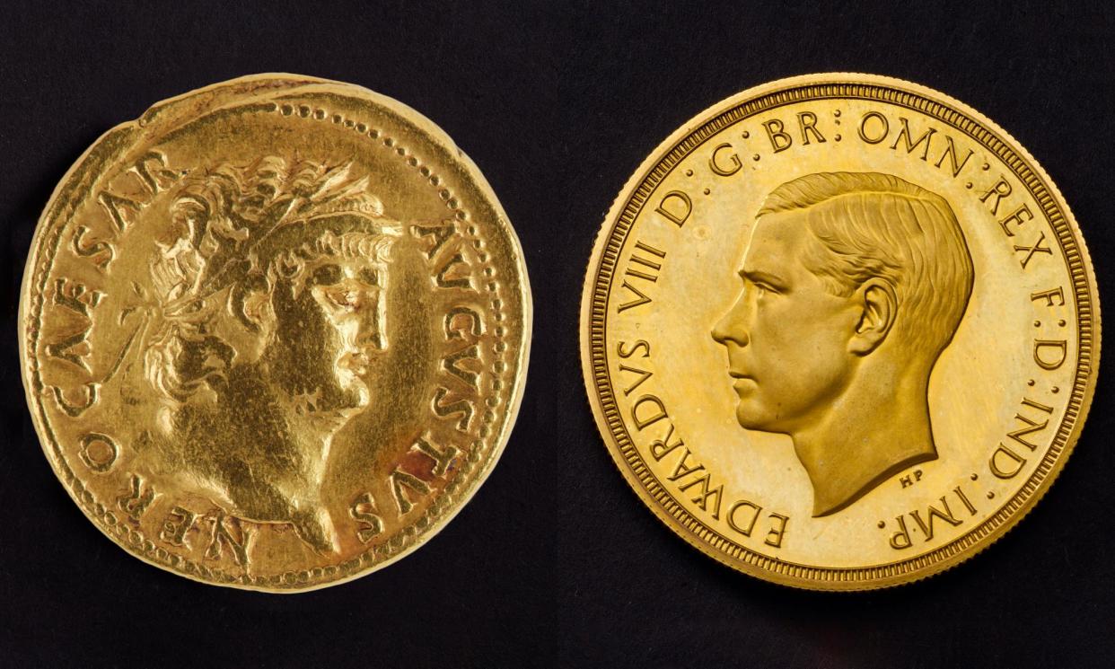 <span>‘Coins, no matter how functional, start as works of art’: gold aureus, left, of Nero (54-68). Right: Edward VIII bust by Humphrey Paget for gold pattern for £5, £2 and sovereign, awaiting final approval, 1936, shortly before the king’s abdication.</span><span>Photograph: © Ashmolean Museum, University of Oxford; Royal Mint Museum</span>