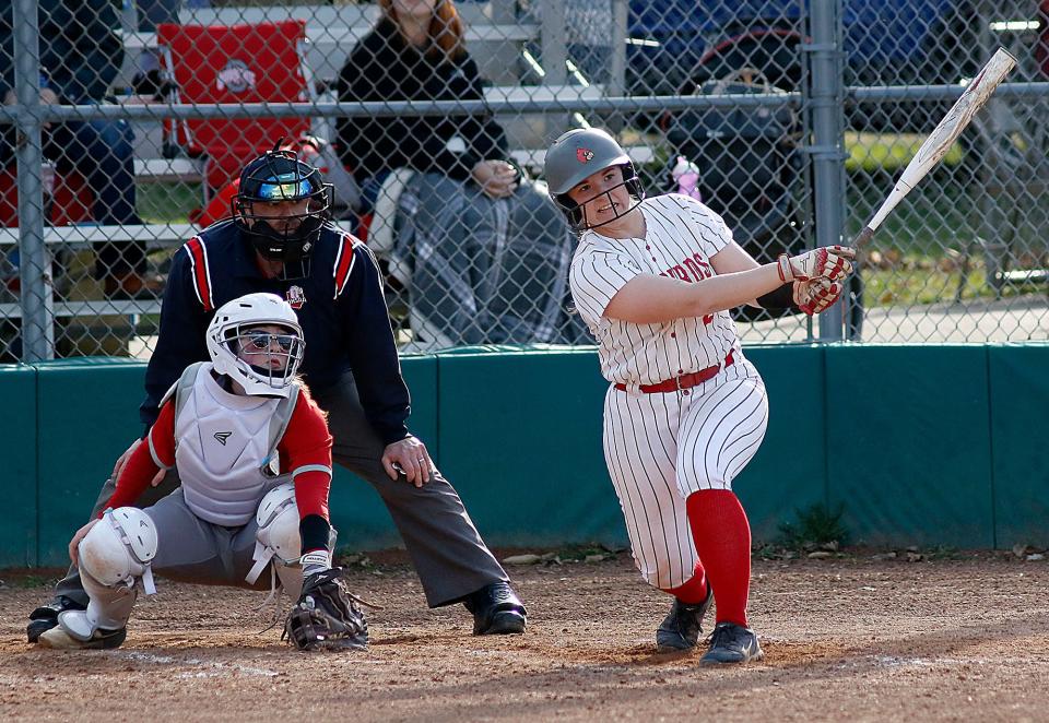 Loudonville High School's Brooke Christine (2) bats against Elyria High School School during high school softball action at the Wendy's Spring Classic at Brookside Main on Thursday, April 14, 2022. Loudonville won the game 4-0. TOM E. PUSKAR/TIMES-GAZETTE.COM