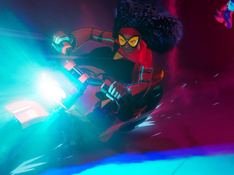 Jessica Drew/Spider-Woman (voiced by Issa Rae) and Miguel O’Hara (voiced Oscar Isaac) in "Spider-Man: Across the Spider-Verse."