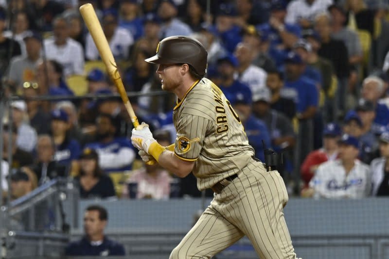 San Diego Padres first baseman Jake Cronenworth hit a two-run homer in a comeback win over the Chicago Cubs on Monday in San Diego. File Photo by Jim Ruymen/UPI