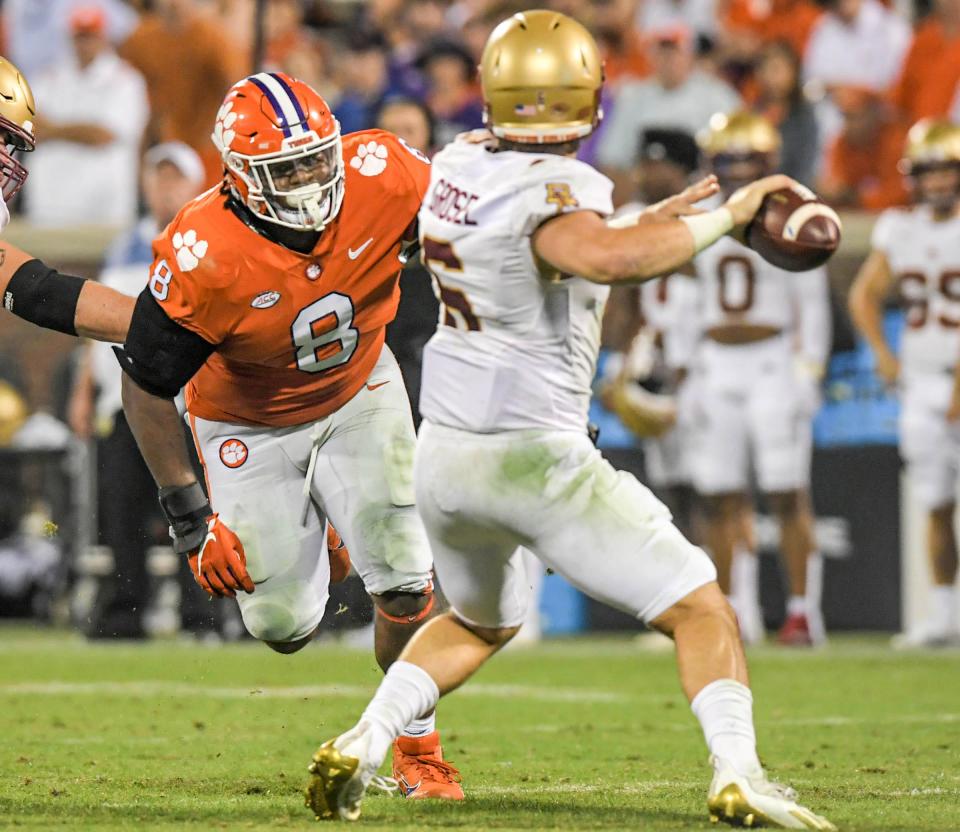 Clemson defensive tackle Tre Williams bears down on Boston College quarterback Dennis Grosel earlier this season.