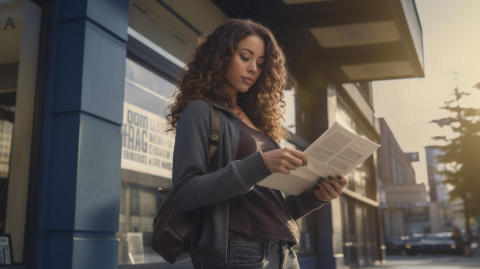 A woman holding a checkbook and standing in front of a bank location.