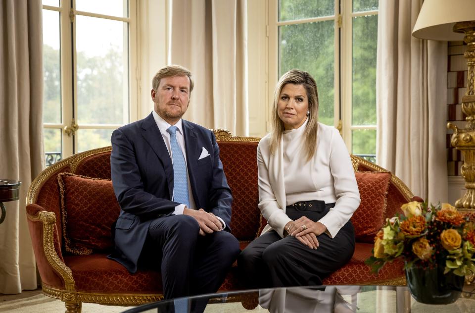 Dutch King Willem-Alexander and Queen Maxima take part in the recording of a personal video message in which the king discusses the cancellation of their holiday to Greece, on October 21, 2020 in The Hague. - The Dutch king and queen said they will cut short a holiday in Greece on October 17 after facing criticism for taking a vacation when the Netherlands is under a partial coronavirus lockdown.