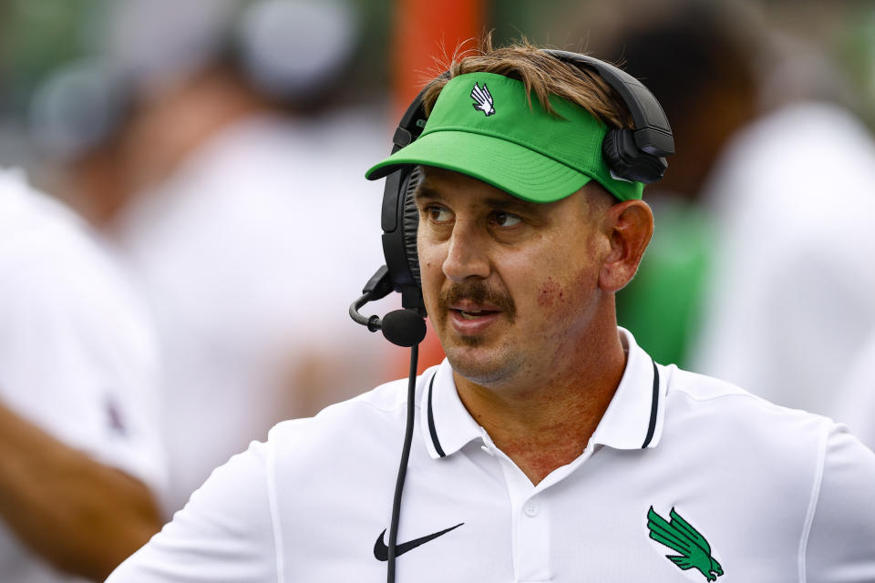 North Texas head coach Eric Morris looks on from the sideline during the second half of an NCAA college football game against California, Saturday, Sept. 2, 2023, in Denton, Texas. (AP Photo/Brandon Wade)