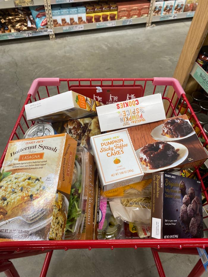 a full trader joe's cart with some new items on top