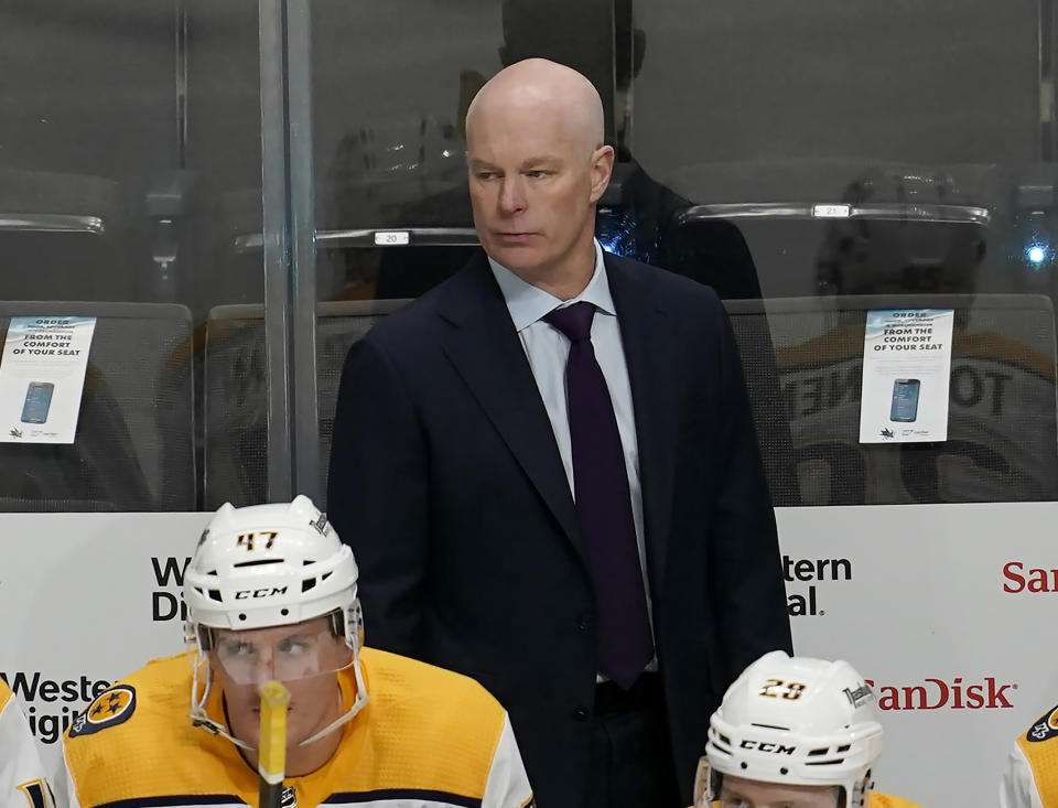 FILE - Nashville Predators head coach John Hynes watches against the San Jose Sharks during an NHL hockey game in San Jose, Calif., Saturday, March 5, 2022. The Minnesota Wild fired coach Dean Evason and replaced him with Hynes, Monday, Nov. 27, 2023, after losing seven straight games and 14 of their first 19 to start to the NHL season. (AP Photo/Jeff Chiu, File)