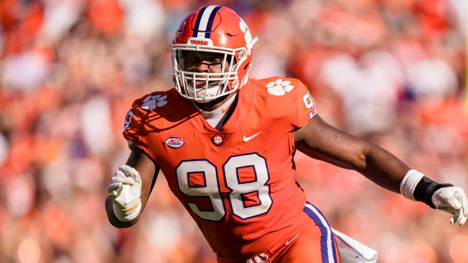 Clemson defensive end Myles Murphy (98) plays against South Carolina during an NCAA college football game on Saturday, Nov. 26, 2022, in Clemson, S.C.