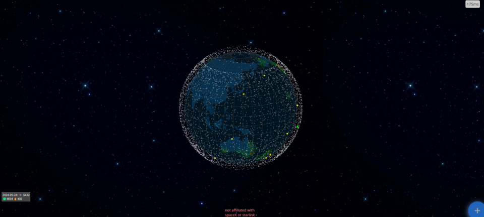 星鏈互聯網衛星和覆蓋範圍的即時視圖。   圖 : 翻攝自網站Live Starlink Satellite and Coverage Ma