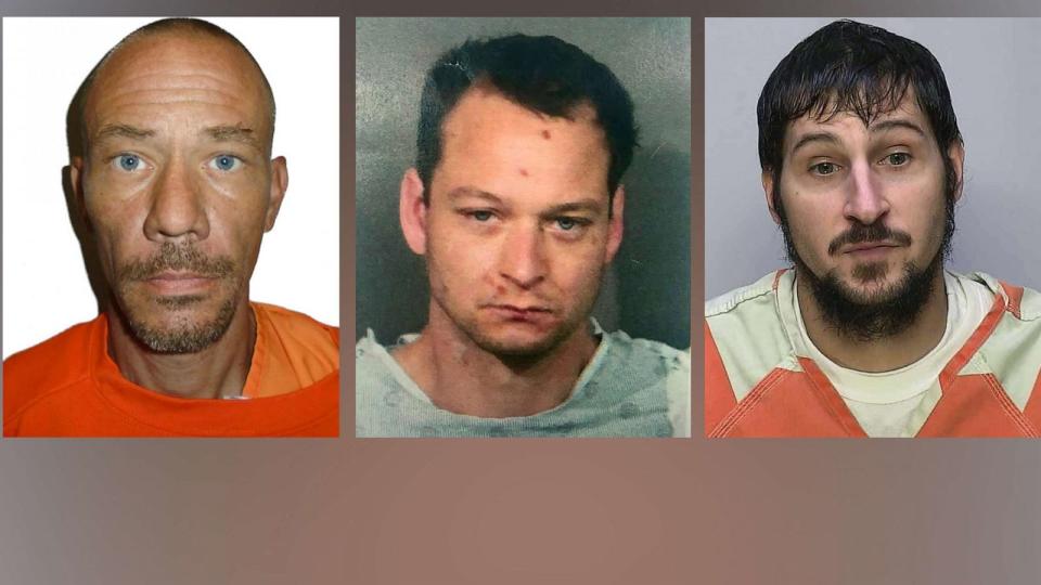 PHOTO: Fugitives, from left, Chadwick Shane Mobley, Eric Abril and Michael Burham. (Plains Police, Placer County Sheriff, Warren Police Dept.)