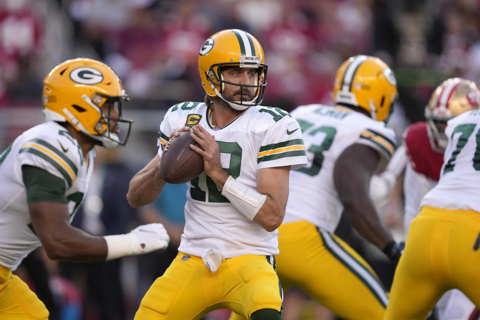 FILE - Green Bay Packers quarterback Aaron Rodgers (12) is shown during an NFL football game against the San Francisco 49ers in Santa Clara, Calif., Sunday, Sept. 26, 2021. The Green Bay Packers’ offensive line looks quite a bit different from last year’s version, but it again has found a way to withstand multiple injuries while providing capable protection for reigning MVP quarterback Aaron Rodgers.(AP Photo/Tony Avelar)